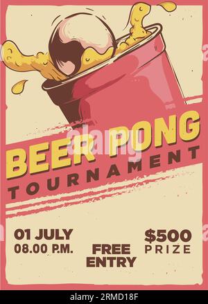 illustrazione del modello del poster del torneo di birra pong in stile vintage Illustrazione Vettoriale