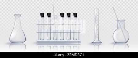Matracci di misurazione chimica in vetro da laboratorio e provette per analisi in set di illustrazioni vettoriali realistiche. Vetreria vuota da laboratorio trasparente, contenitori e pipette. Apparecchiature scientifiche farmaceutiche o mediche Illustrazione Vettoriale