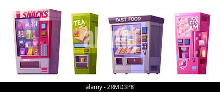 Distributori automatici con fast food, spuntini, tè e gelati. Attrezzature per la vendita automatica di pasti e bevande. Set vettoriale per cartoni animati di dispenser automatizzati per la vendita al dettaglio con un ampio assortimento di prodotti. Illustrazione Vettoriale