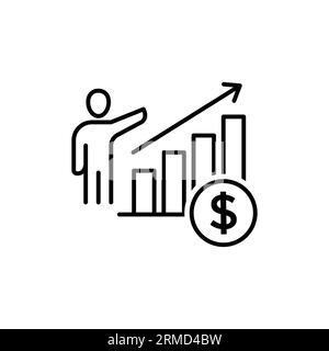 Icona della linea di crescita dei ricavi, pittogramma vettoriale del grafico economico, aumento dei profitti. Uomo d'affari con il rapporto vendite segno di colpo per lo sviluppo finanziario Illustrazione Vettoriale