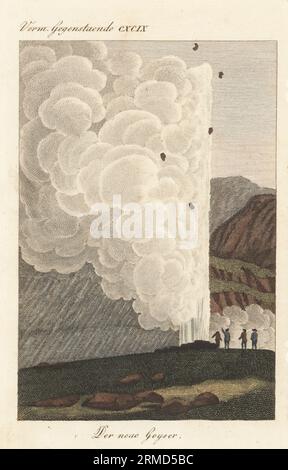 Vista del nuovo geyser sull'Islanda, 1811. Scienziati scozzesi vicino a colonne di acqua e vapore che eruttano dal suolo. Copiato da un'illustrazione del geologo scozzese Sir George Steuart Mackenzie nel suo viaggio nell'isola d'Islanda, 1811. Incisione in copperplate a mano da Carl Bertuch's Bilderbuch fur Kinder (Picture Book for Children), Weimar, 1815. Un'enciclopedia in 12 volumi per bambini illustrata con quasi 1.200 tavole incise su storia naturale, scienza, costume, mitologia, ecc., pubblicato dal 1790-1830. Foto Stock