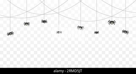Bordo di ragno di Halloween con divertenti insetti e ragnatele. Personaggi spaventosi neri dei cartoni animati con occhi appesi a corde lungo le ragnatele aggrovigliate. Spinn vettoriale Illustrazione Vettoriale