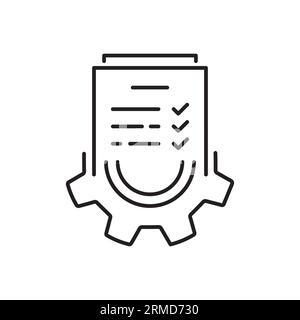 ingranaggio a linea sottile con icona del flusso di documenti simile a un documento. concetto di processo cartaceo o ordine della lista di controllo. grafica lineare e moderna per logotipo di efficienza aziendale Illustrazione Vettoriale