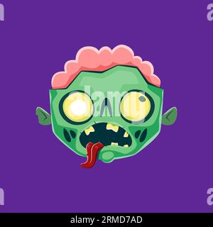 Personaggio emoji zombie del cartone animato di Halloween. Emoticon spettrale isolato con una faccia di cadavere in decadimento verde con un cervello dentro la testa. Spaventoso An Illustrazione Vettoriale