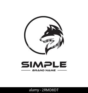 Modello di logo con un'icona a forma di testa di lupo in un cerchio nero Illustrazione Vettoriale