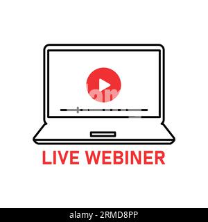 icona del webinar dal vivo con notebook nero sottile. tendenza dello stile con profilo piatto design grafico logotipo e-learning moderno isolato su sfondo bianco. concep Illustrazione Vettoriale
