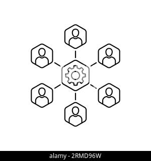 gruppo di persone con linee sottili come lo sviluppo congiunto. ruota dentata semplice di tendenza lineare piatta con elemento di progettazione grafica logotipo sviluppatore. metafora di hu Illustrazione Vettoriale