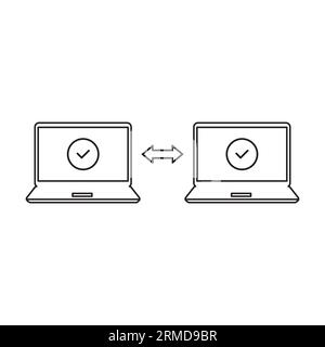 trasferimento semplice dei file come il backup dei dati. tratto semplice grafica moderna e lineare, grafica e web art isolata su bianco. concetto di migrazione di informazioni o documenti su noteboo Illustrazione Vettoriale