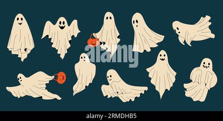 Carino fantasma. Personaggi fantasy spaventosi dei cartoni animati con espressioni spaventose, divertenti trucchi di mostri spaventosi o elementi da regalo. Set Halloween vettoriale Illustrazione Vettoriale