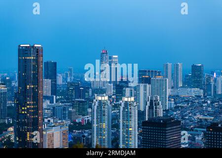 Scenario dello skyline di Giacarta di notte, la capitale dell'Indonesia Foto Stock