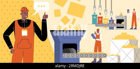 Processo di riciclaggio dei rifiuti. Lavoratori dell'industria della spazzatura. Attrezzature per la frantumazione dei rifiuti. Smistamento e compressione dei rifiuti. Inquinamento riciclare. Utilizzo dei rifiuti Illustrazione Vettoriale