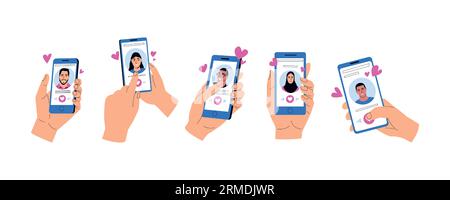 Mani con l'app di datazione mobile. Applicazione di incontri online per telefoni cellulari con interfaccia a scorrimento, mani maschili e femminili che utilizzano l'applicazione di chat per appuntamenti Illustrazione Vettoriale