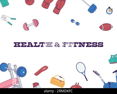 Telaio attrezzatura sportiva. Banner con attrezzature sportive per cartoni animati, racchetta da badminton per cartoni animati, guanti da boxe e oggetti per il sollevamento pesi, icone dello sport per cartoni animati Illustrazione Vettoriale