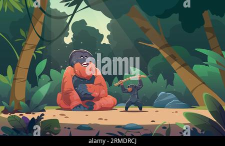 Scimmie nella giungla. Paesaggio esotico con scimmie carine su foglie di palma, primati dei cartoni animati che scalano liane e alberi nella foresta tropicale. Vettore Illustrazione Vettoriale