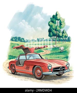 Illustrazione nostalgica di una Mercedes Benz 300 SL Coupe rossa di fronte a un prato con un gregge di pecore. Foto Stock