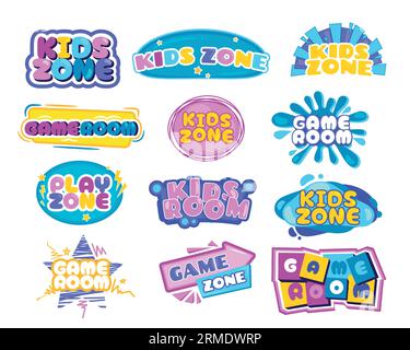 Emblema dell'intrattenimento per bambini. Coloratissimi elementi decorativi infantili per il design di asili, asili e stanze per bambini. Set di logo Vector Childish Illustrazione Vettoriale