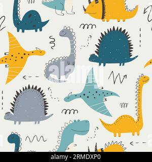 Modello a ripetizione infantile con dinosauri in stile scandinavo. Modello infantile senza cuciture con dinosauri disegnati a mano Illustrazione Vettoriale