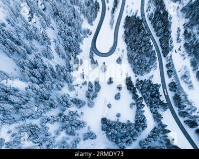 Vista aerea della strada curva lungo i boschi innevati, passo Maloja, Svizzera Foto Stock