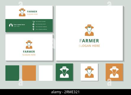 Logo Farmer con slogan modificabile. Libro di branding e modello biglietto da visita. Illustrazione Vettoriale