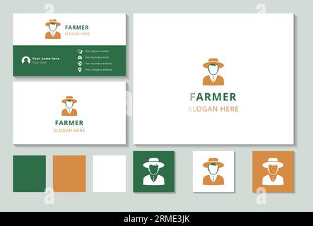 Logo Farmer con slogan modificabile. Libro di branding e modello biglietto da visita. Illustrazione Vettoriale