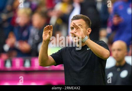 Enrico Maassen, allenatore della FCA, team manager, gesti nella partita FC BAYERN MUENCHEN - FC AUGSBURG 3-1 il 27 agosto 2023 a Monaco di Baviera, Germania. Stagione 2023/2024, 1.Bundesliga, FCB, München, giorno 3, 3.Spieltag © Peter Schatz / Alamy Live News - LE NORMATIVE DFL VIETANO QUALSIASI USO DI FOTOGRAFIE come SEQUENZE DI IMMAGINI e/o QUASI-VIDEO - Foto Stock