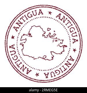 Francobollo rotondo in gomma di Antigua con mappa dell'isola. Timbro passaporto rosso vintage con testo circolare e stelle, illustrazione vettoriale. Illustrazione Vettoriale