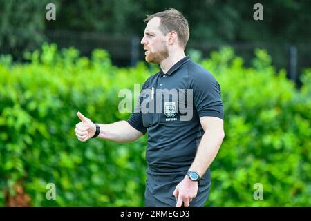 Swansea, Wales. 26 August 2023. Assistant Referee Thomas Wells during the Under 18 Professional Development League game between Swansea City and Sheffield Wednesday at the Swansea City Academy in Swansea, Wales, UK on 26 August 2023. Credit: Duncan Thomas/Majestic Media/Alamy Live News. Stock Photo