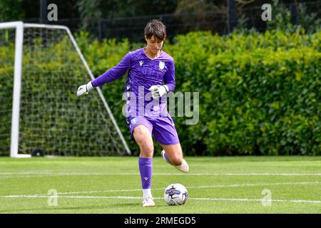 Swansea, Galles. 26 agosto 2023. Il portiere Jack Phillips di Sheffield Wednesday durante la partita Under 18 della Professional Development League tra Swansea City e Sheffield Wednesday alla Swansea City Academy di Swansea, Galles, Regno Unito, il 26 agosto 2023. Crediti: Duncan Thomas/Majestic Media/Alamy Live News. Foto Stock