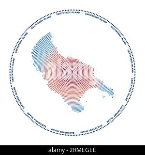 Logo rotondo dell'isola di Zante. Forma digitale dell'isola di Zante in cerchio punteggiato con il nome dell'isola. Icona tecnica con punti sfumati. Vettoriale alla moda Illustrazione Vettoriale