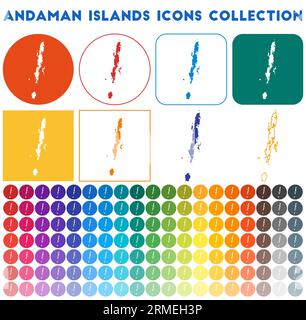 Collezione di icone delle Isole Andamane. Icone luminose colorate e alla moda. Distintivo moderno delle Isole Andamane con mappa dell'isola. Illustrazione vettoriale. Illustrazione Vettoriale