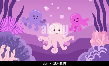 Polpi sott'acqua bolle simpatiche carte da parati chill lo fi Illustrazione Vettoriale