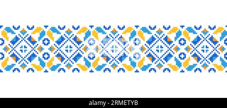 Modello di ricamo ucraino per tessuti, tessuti, tessuti. Motivo vettoriale senza cuciture, stampa. Ricami popolari ucraini, ornamenti etnici in giallo e blu Illustrazione Vettoriale