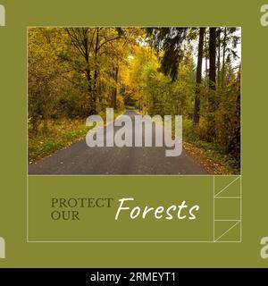 Composito di Protect Our Forests text e vista tranquilla di strade vuote tra alberi nei boschi Foto Stock