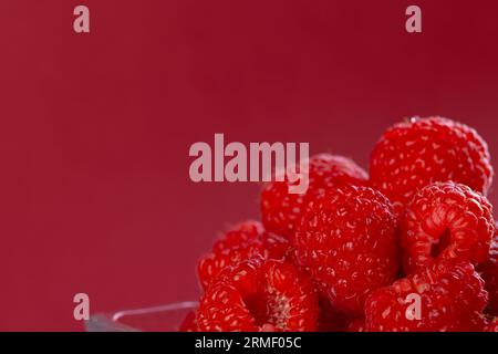 Micro primo piano dei lamponi in un recipiente di vetro con spazio per la copia su sfondo rosso Foto Stock