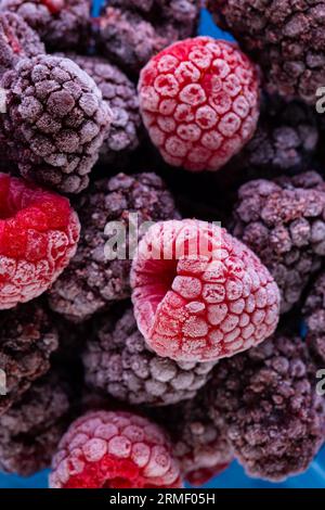 Micro primo piano dei lamponi congelati con spazio per la copia su sfondo blu Foto Stock