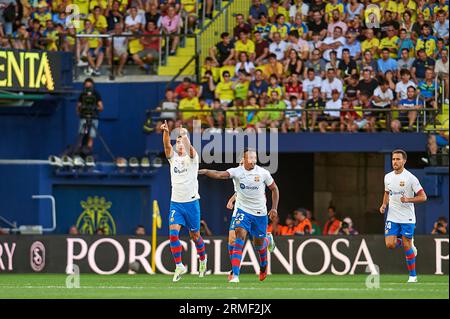 Villareal, Spagna. 27 agosto 2023. Ferran Torres di Barcellona CF festeggia un gol durante la Liga EA Sport stagione regolare Round 3 tra il Villareal CF e il FC Barcelona allo Stadio ceramica. Villareal CF 3 : 4 FC Barcelona. Credito: SOPA Images Limited/Alamy Live News Foto Stock