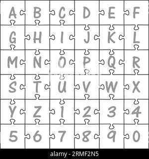 CNC. Puzzle alfabetico e numerico per il taglio laser. Niente colla. Illustrazione vettoriale. Illustrazione Vettoriale