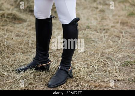 Gambe femminili con stivali in pelle nera, primo piano del fantino in piedi alla stalla Foto Stock