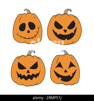 Quattro zucche di halloween con facce diverse su sfondo bianco Illustrazione Vettoriale
