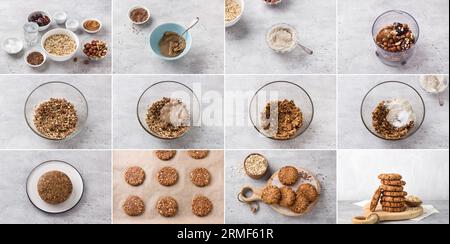 Cucinare biscotti vegani di farina d'avena con noci e semi di lino, collage, fai da te, passo dopo passo, ingredienti, fasi di cottura, ultimo piatto su una pietra grigia Foto Stock