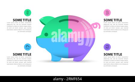 Modello infografico con icone e 4 opzioni o passaggi. Piggybank. Può essere utilizzato per il layout del flusso di lavoro, il diagramma, il banner, il webdesign. Illustrazione vettoriale Illustrazione Vettoriale