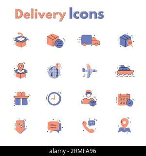 Icone per la consegna degli acquisti online, icone per la spedizione tramite e-commerce, icone per l'evasione degli ordini, icone per la consegna dei pacchi, icone per la consegna del carrello. Illustrazione Vettoriale