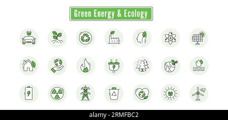 Icone ecologia ed energia verde: Icone vettoriali di alta qualità con traccia e colori modificabili. Illustrazione Vettoriale
