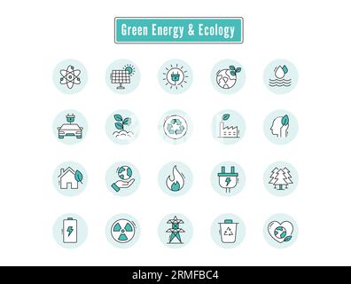 Icone dell'energia verde: Rinnovabile, sostenibile ed ecocompatibile. Illustrazione Vettoriale