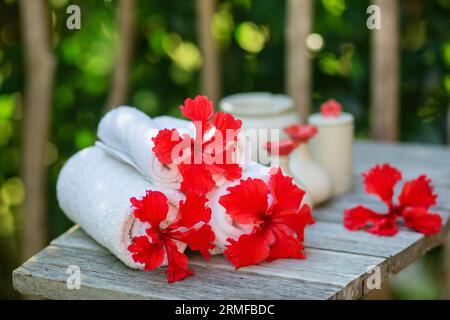 Ambiente benessere con asciugamani e bellissimi fiori rossi di ibisco Foto Stock