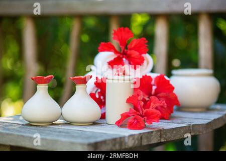 Ambiente benessere con asciugamani e bellissimi fiori rossi di ibisco Foto Stock