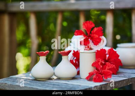 Ambiente benessere con asciugamani e bellissimi fiori rossi di ibisco Foto Stock