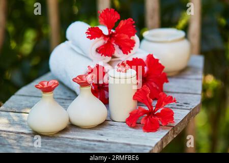 Ambiente benessere con asciugamani e bellissimi fiori rossi di ibisco Foto Stock