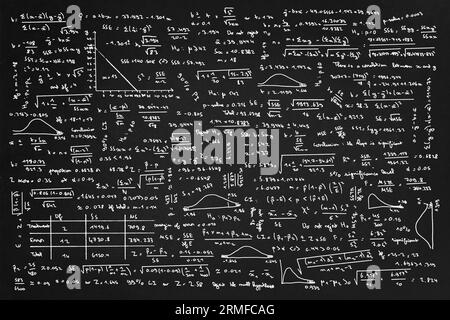 Lavagna matematica con formule scientifiche. Algebra, funzioni matematiche e fisiche in lavagna, formazione scolastica Foto Stock