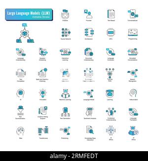 Set di icone modello di lingua grande: Icone delle linee vettoriali per i concetti di intelligenza artificiale. Modello linguistico AI, elaborazione del linguaggio naturale, generazione di testo, apprendimento approfondito. Illustrazione Vettoriale